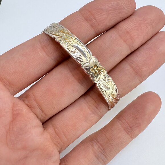 VTG Sterling Silver 925 Flower Scroll Design Bangle Bracelet Size 7.5" Fit - Picture 6 of 10